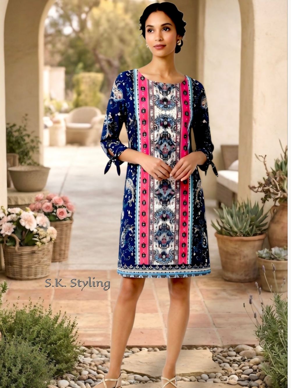 NWT Chico's Shift Dress Paisley Medallion Tie Sleeve Lined Stretch Knit 2P = L/P
